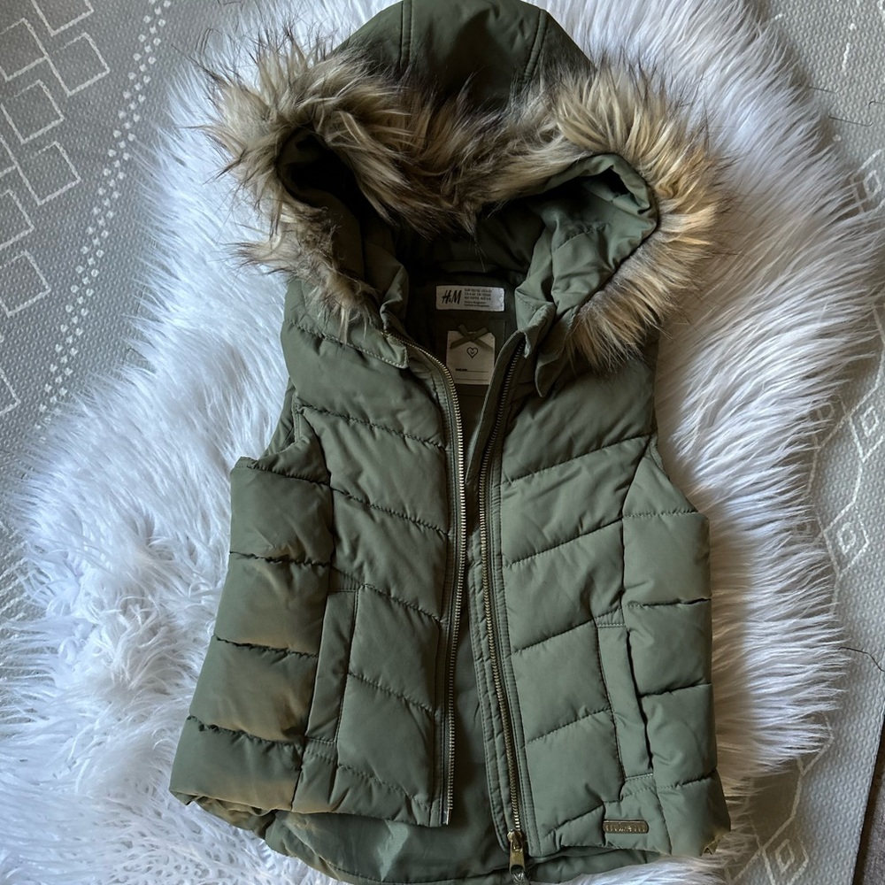 Girl’s H&M Olive Puffer Vest with Faux Fur Hood